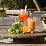 Vibrant cocktails with fresh fruit on a wooden table in a sunny outdoor setting in Flanders, Belgium.